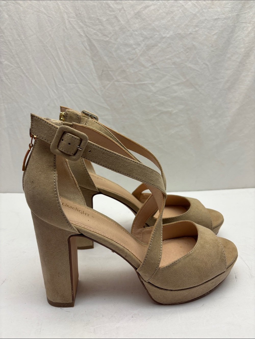 Limelight Beige Suede Platform Block Heel Sandal with Ankle Strap, SZ 11, box 59